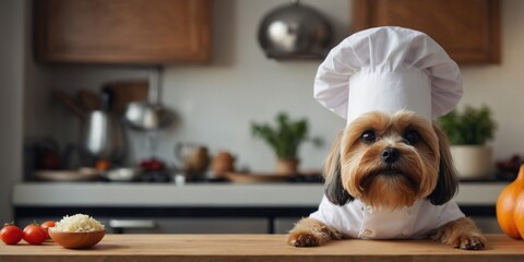 Small dog with white chef hat in kitchen.