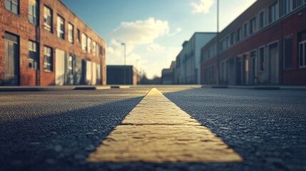 Obraz premium A perspective view of a narrow street in a city, with buildings on either side. The street is empty and the sun shines brightly.