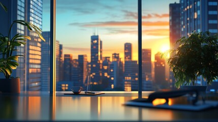 A panoramic view of a city skyline at sunset, seen from a high-rise office window.  The sun casts warm light on the buildings.