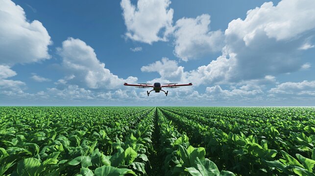 An autonomous drone hovering over a large, green field, spraying water or nutrients with pinpoint accuracy. The drones sleek, futuristic design contrasts with the natural landscape below. Below, the
