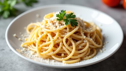 Savory Spaghetti Carbonara Delight with Parmesan Cheese and Fresh Parsley