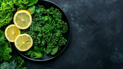 Obraz premium Dark leafy greens arranged on a plate with lemon slices, rich in vitamins, brain-boosting meal