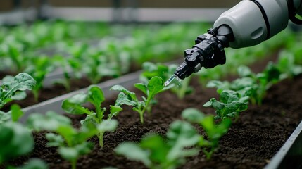 A close-up of a robotic arm applying fertilizer to crops in a controlled environment. The arm is precise, ensuring that each plant receives the exact amount of nutrients needed. The background