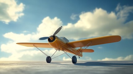 Fototapeta premium A vintage propeller plane on a runway, preparing for takeoff against a bright blue sky with fluffy clouds.