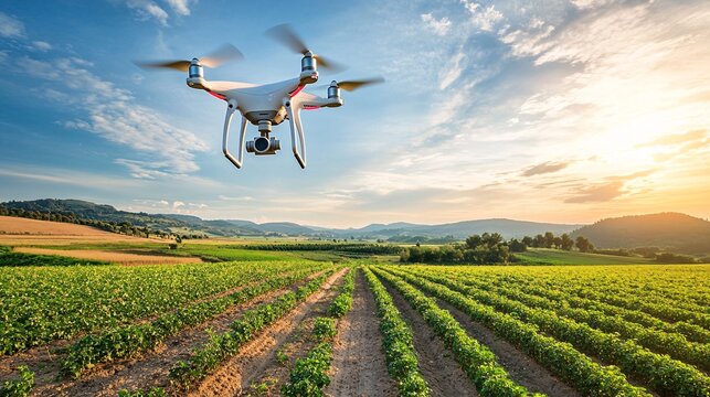 An agricultural drone capturing high-resolution images of a field for analysis. The drones camera is visible, and its design is sleek and modern. Below, the field is green and healthy, with neat rows