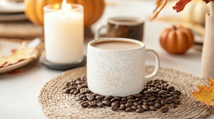 Fototapeta premium A cozy Thanksgiving table setting with coffee-themed decor, featuring coffee bean centerpieces, coffee-scented candles, and mugs with fall designs