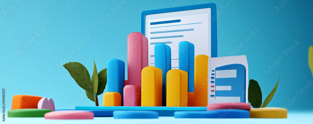 Poster abstract colorful 3d chart with document, representing growth and data.