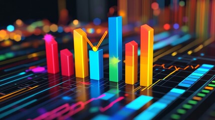 Obraz premium Abstract colorful 3D bar chart rising on a futuristic circuit board background.