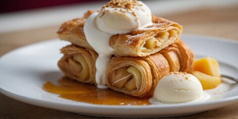 Apple strudel pastry with ice cream on plate.