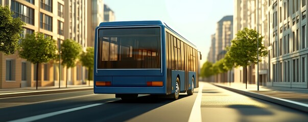 Obraz premium Blue bus driving down city street with buildings on both sides.