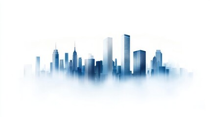 Naklejka premium A stunning silhouette of a modern city skyline enveloped in a soft blue fog, creating a serene and dreamy atmosphere.