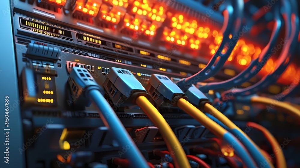 Poster close-up of network cables connected to a server rack. the cables are color-coded and organized. the