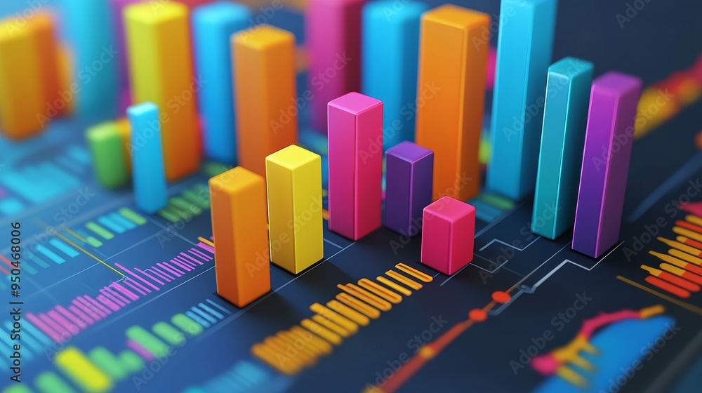 Poster colorful 3d bar graph chart on blue background. data visualization and analysis concept.