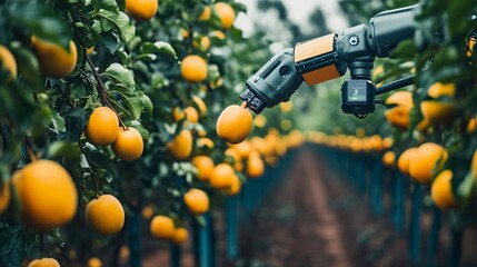 A close-up of an AI-powered robotic arm harvesting ripe fruits in an orchard. The arm is equipped with sensors that identify and pick only the ripest fruits, minimizing waste. The orchard is lush and