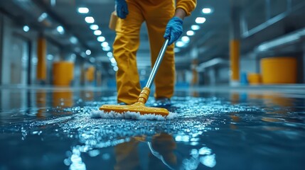 closeup of cleaning service workers hands on mop blurred office interior focus on task professional attention to detail concept