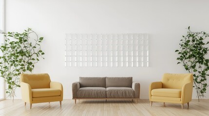 Living area with mustard yellow chairs, white walls, taupe sofa, and fig vines.