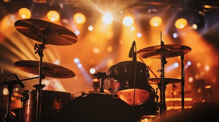 A drum kit with drums and cymbals on stage under floodlights