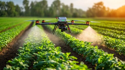 An AI-powered drone spraying nutrients over a field of crops. The drone is equipped with precision spraying technology, ensuring that each plant receives the exact amount of nutrients needed. The