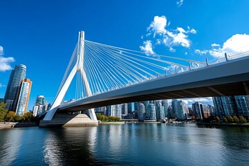 Obraz premium Bridge Cable-Stayed, Futuristic, and Cityscape shown in a cutting-edge city where a futuristic cable-stayed bridge dominates the skyline, its sleek lines and innovative design standing out against
