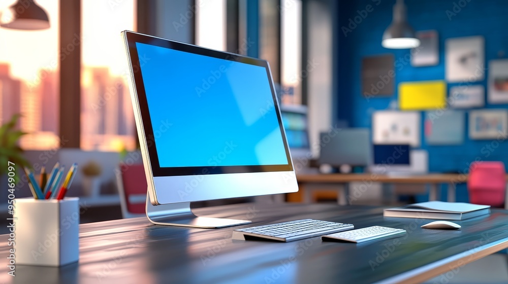 Poster modern desktop computer with blank screen on a desk in a creative office setting.