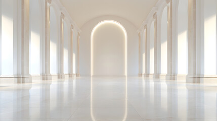 Fototapeta premium A Visual Representation of a Large, White Room with Scarce Furnishings