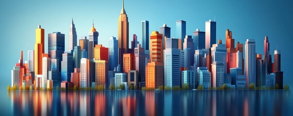 Modern cityscape with skyscrapers reflecting in water.