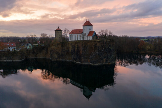 Beucha with mountain church and heart lake at blue hour