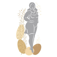Silhouette of woman figure and plant leaves. Girl is standing. Lady is full of beauty and sexuality. Girl is overweight vector illustration