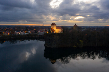 Beucha with mountain church and heart lake at blue hour
