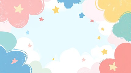 A pastel-colored background with cute hand-drawn clouds and stars, leaving ample space in the center for text. The design is soft and playful, perfect for baby or children-related themes.