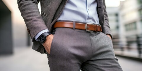 Man wearing a grey suit, a brown belt, and a