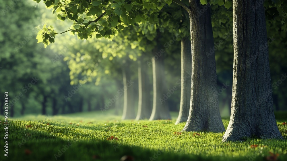 Poster sunlight streams through a line of trees in a lush green forest.