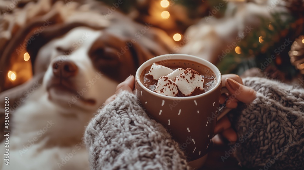 Poster enjoying a cozy evening with hot chocolate and a loyal dog by the warm glow of string lights