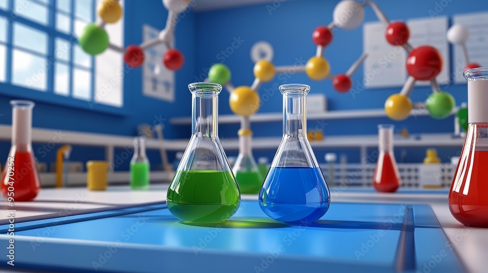 Poster three beakers filled with colored liquids in a science laboratory setting. the beakers are on a blue