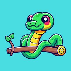 Cute Snake On Branch Cartoon Vector Icon Illustration.