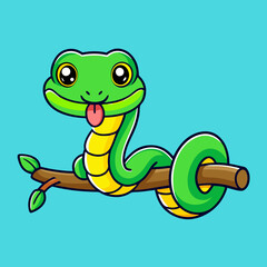 Cute Snake On Branch Cartoon Vector Icon Illustration.