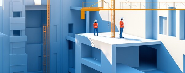 Fototapeta premium Two construction workers stand on a concrete platform during building construction.