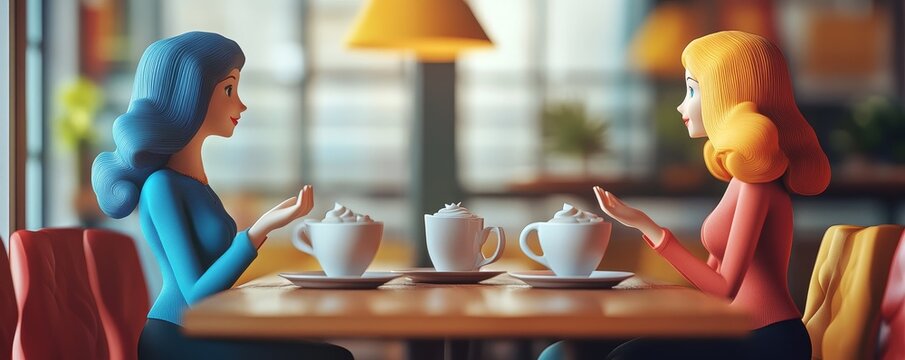 Two women sit at a table, having coffee and a conversation.