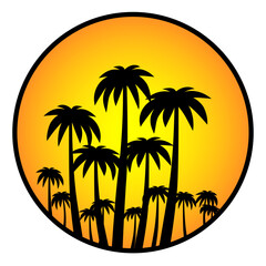 Silhouette of palm trees with a gradient sunset in a round design - Vector Illustration