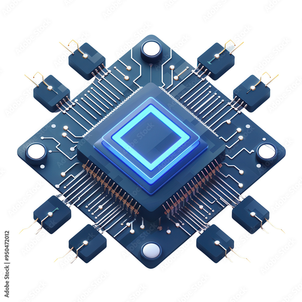 Fototapete high-tech microchip with glowing blue core, symbolizing advanced technology and innovation in electr