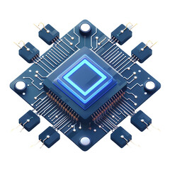 High-tech microchip with glowing blue core, symbolizing advanced technology and innovation in electronics and computing.