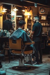Obraz premium Charismatic barber interacting with a client in a barbershop. The scene captures a friendly and engaging atmosphere in a professional grooming setting.
