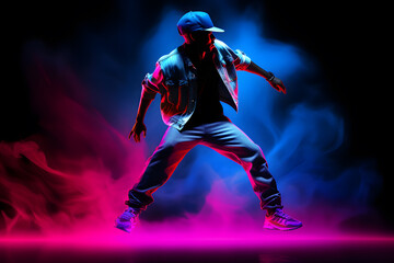 Fototapeta premium Man in bright clothes dancing hip-hop isolated on dark background in mixed neon light