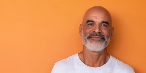 Studio headshot of smiling and handsome mature bald man with facial hair, wearing white t shirt, orange background