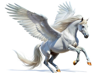 Majestic white winged horse, Pegasus, in flight,  isolated on a white background 