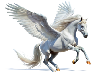 Majestic white winged horse, Pegasus, in flight,  isolated on a white background 