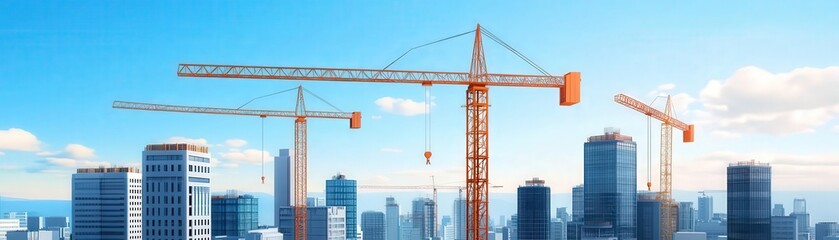Fototapeta premium Development progress, cityscape evolving, construction cranes, 3D illustration
