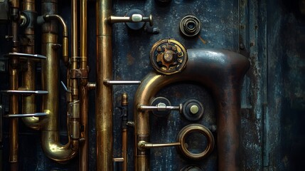 Brass instruments gears steampunk-inspired workshop intricate machinery vintage industrial heavy textures