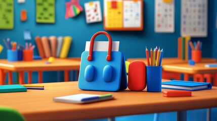 A blue backpack sits on a desk in a colorful classroom, surrounded by school supplies.