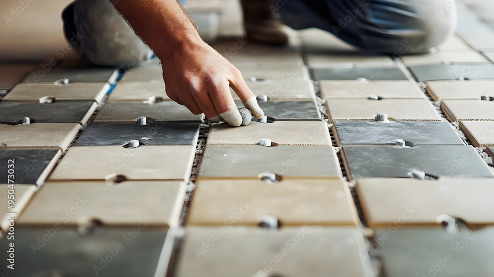 Poster a skilled worker carefully placing spacers between tiles to maintain even and consistent gaps during